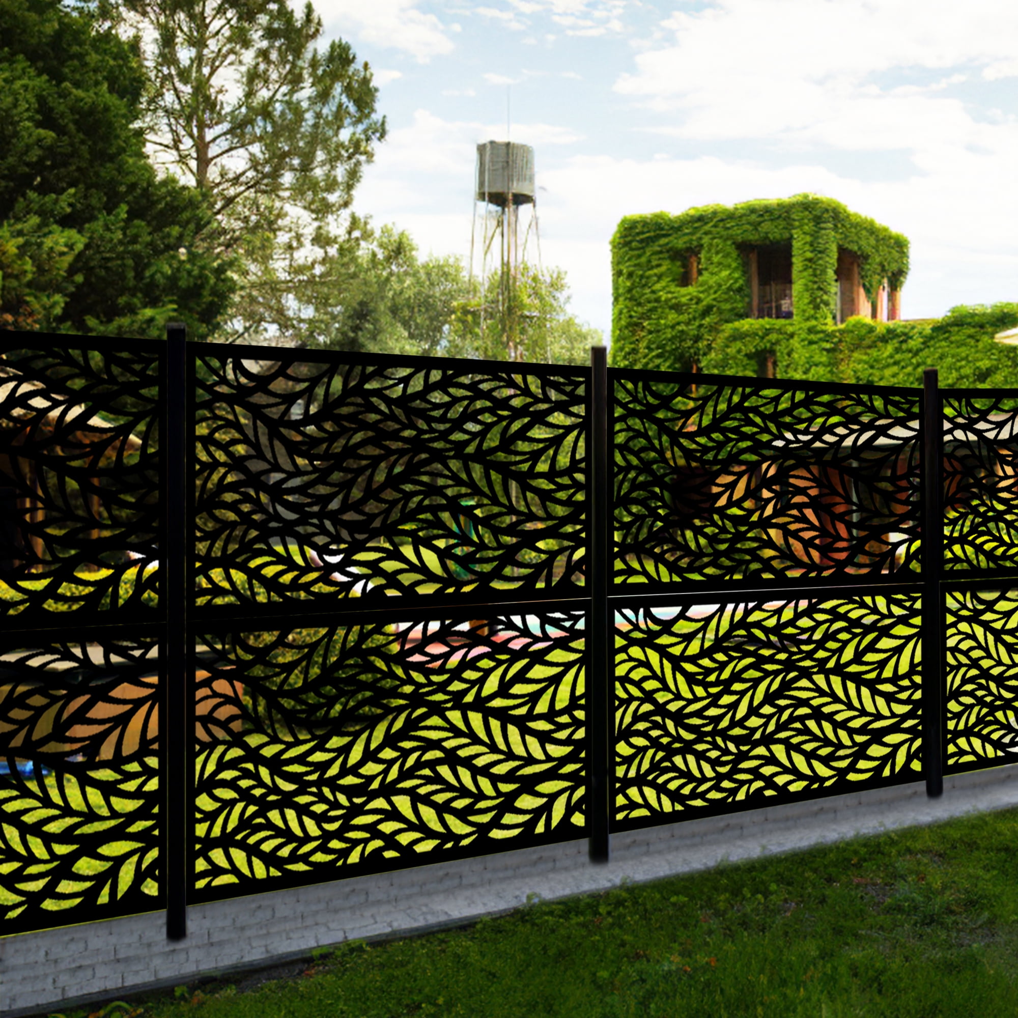 MAYEERTY 72*47" Outdoor Metal Freestanding Privacy Panel Screen for Patio, Flowing Leaf Pattern, Black
