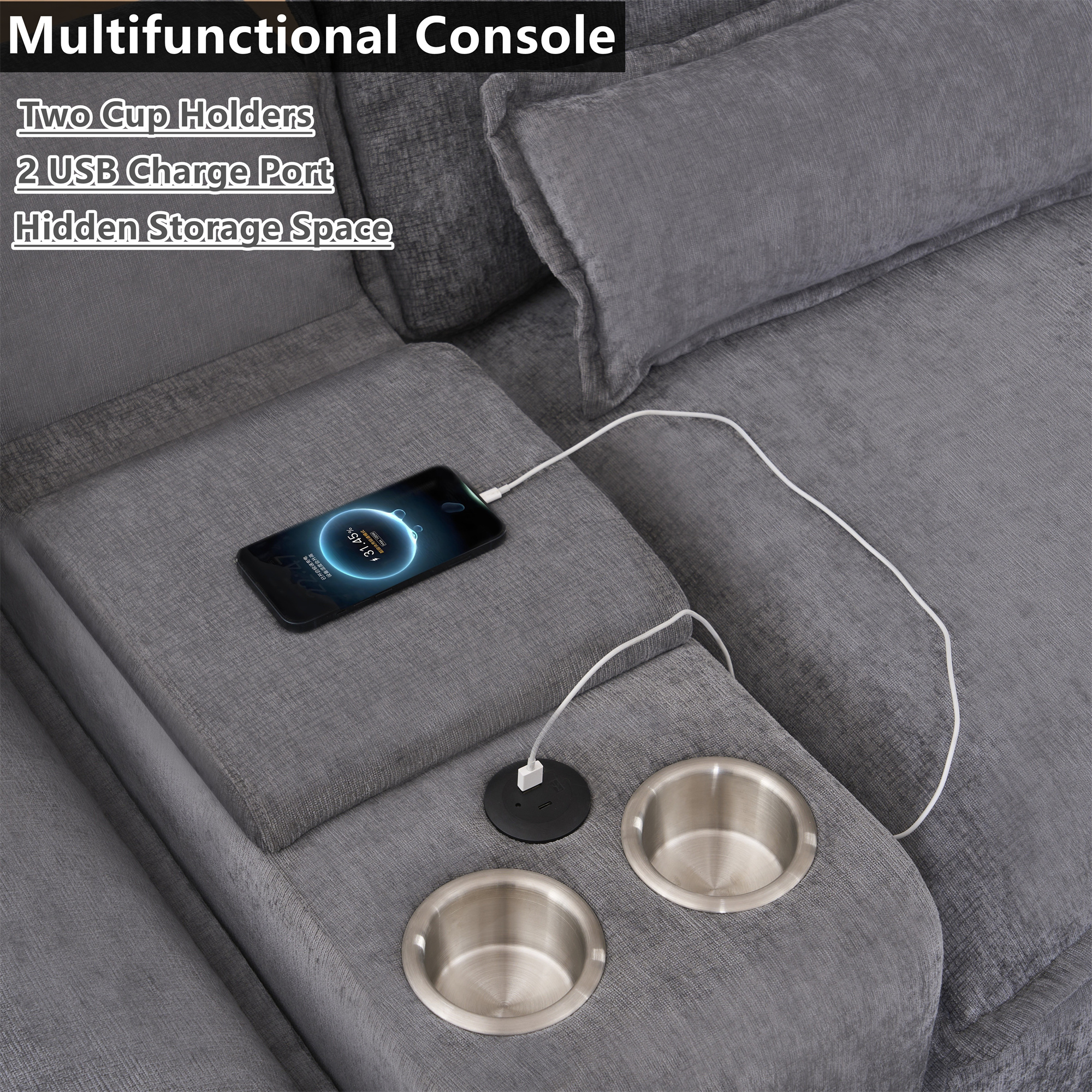 Aukfa 126" Oversized Sectional Sofa U-shaped Couch w/ Cupholder Console & USB Port for Living Room, Chenille, Gray