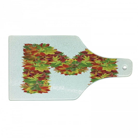 Letter M Cutting Board, Fall Season Elements Uppercase M Colored Leaves Acorns Autumn Nature, Tempered Glass Cutting and Serving Board, Wine Bottle Shape, Vermilion Yellow Green, by Ambesonne
