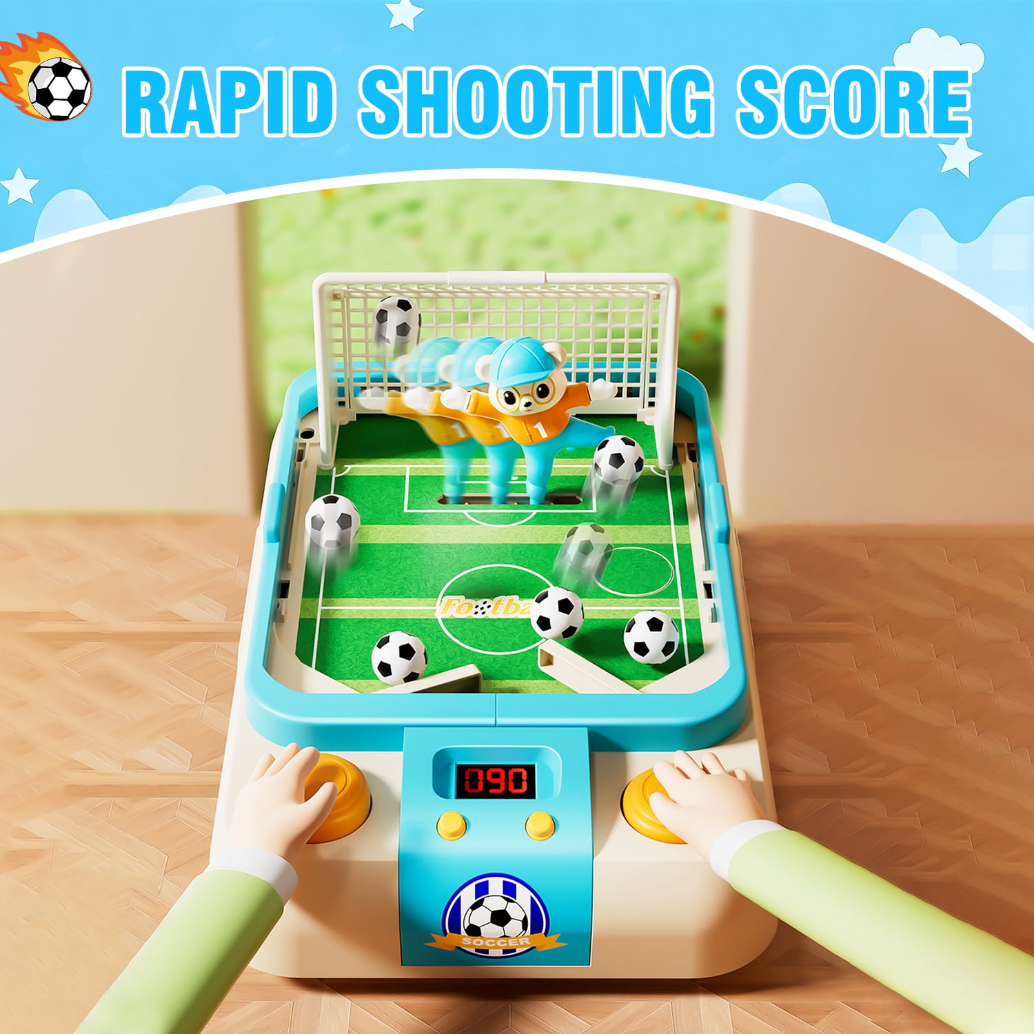 Kids Interactive Soccer Game Machine with Moving Goalkeeper, Lights & Sounds, Tabletop Football Toy for Boys Girls Ages 3+（BLUE)