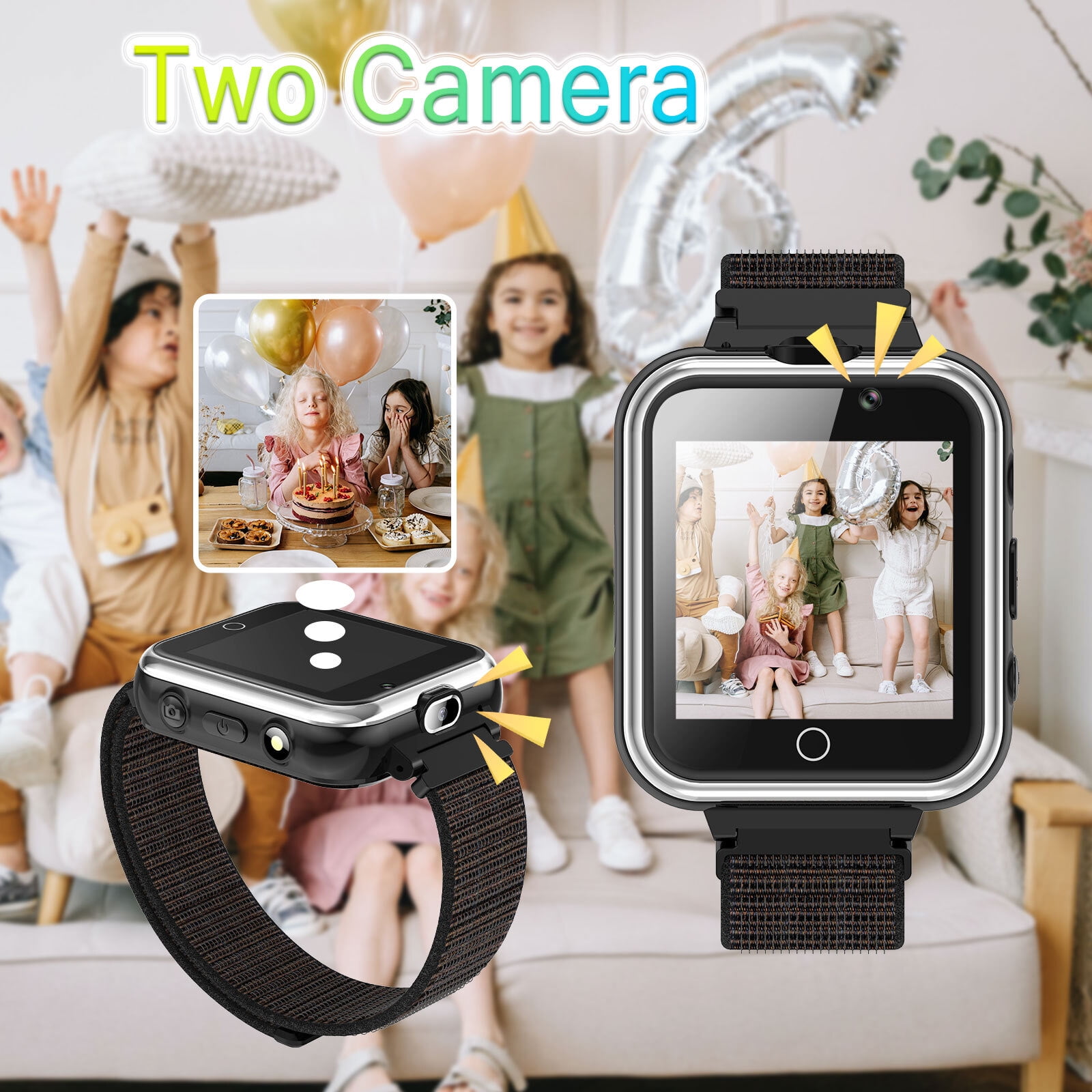 PTHTECHUS Kids Smartwatch Dual Camera Games Pedometer 1.54mm Black Plastic Case with Black Band