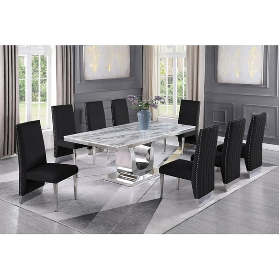 Silver Stainless Steel 9 Piece Dining Set with Marble Table and Black Chairs