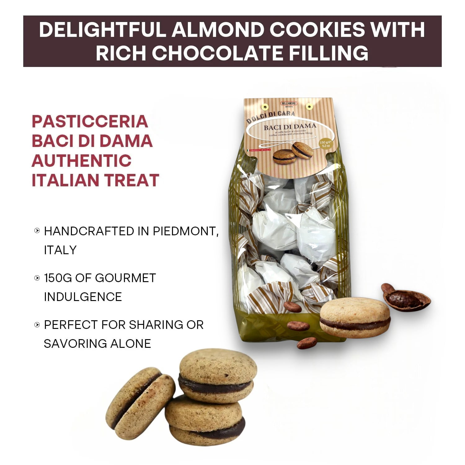 Italian Cookies, Hazelnut Cookies Filled with Rich Chocolate Filling, 300g (2 x 150g bags), Made in Italy - Baci Di Dama