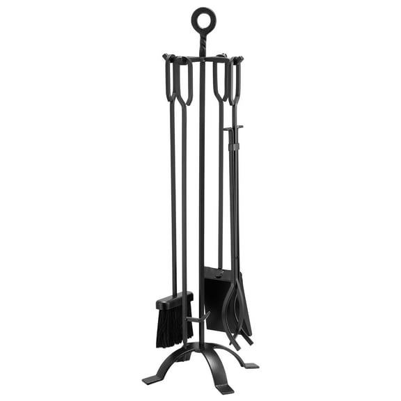 KFFKFF 5-Piece Fireplace Tool Set with Stand, Includes Tongs, Ash Shovel, Brush, Poker, and Four-Prong Holder, Durable Wrought Iron Design for Indoor and Outdoor Use, Black