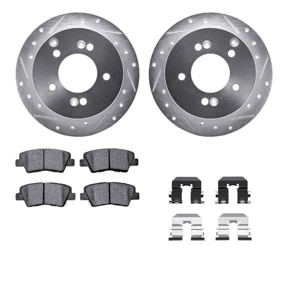Dynamic Friction Company Rear Brake Rotors-Drilled and Slotted-Silver with 5000 Advanced Brake Pads includes Hardware 7512-03016