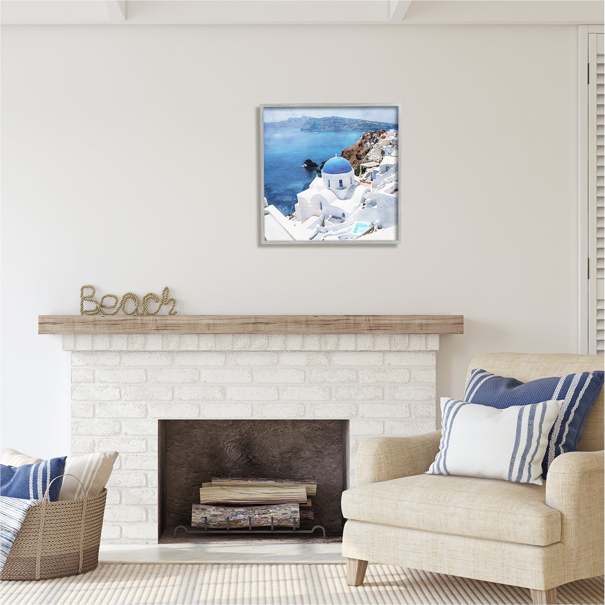 Stupell Industries Santorini Ocean Scenery Transportation Painting Gray Framed Art Print Wall Art, 24 x 24