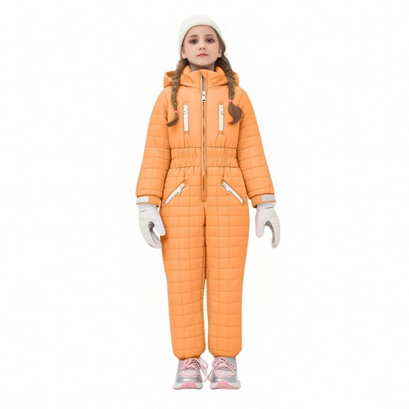 Snow Suit for Kids Toddler Boys Girls Bib Zip up Hooded Snowsuit Waterproof Winter Stand Collar Overalls with Pockets One Piece Ski Suits Warm Snowboarding Jumpsuits