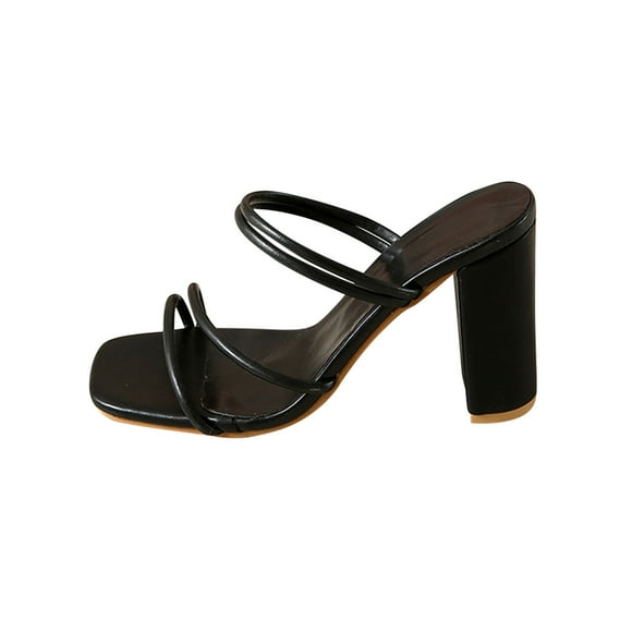 Heeled Sandals for Women Strappy Slide Chunky High Heel Open Square Toe Solid Color Summer Pumps Black
