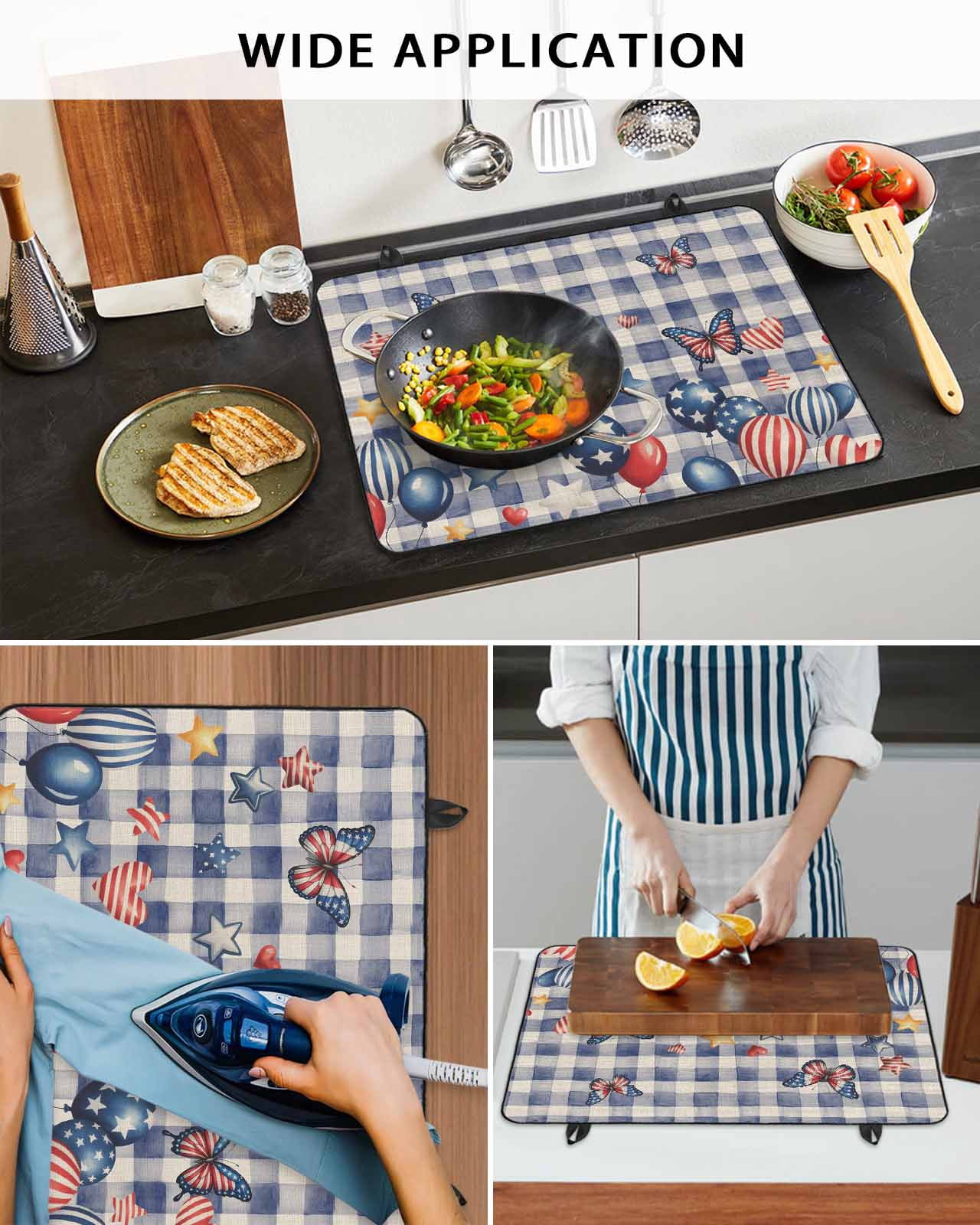Large Induction Cooktop Protector Mat Independence Day Stove Top Covers for Electric Stove, Flag Balloons Butterflies Blue Plaid Decorative Stove Burner Cover Mats, Glass Top Stove Cover