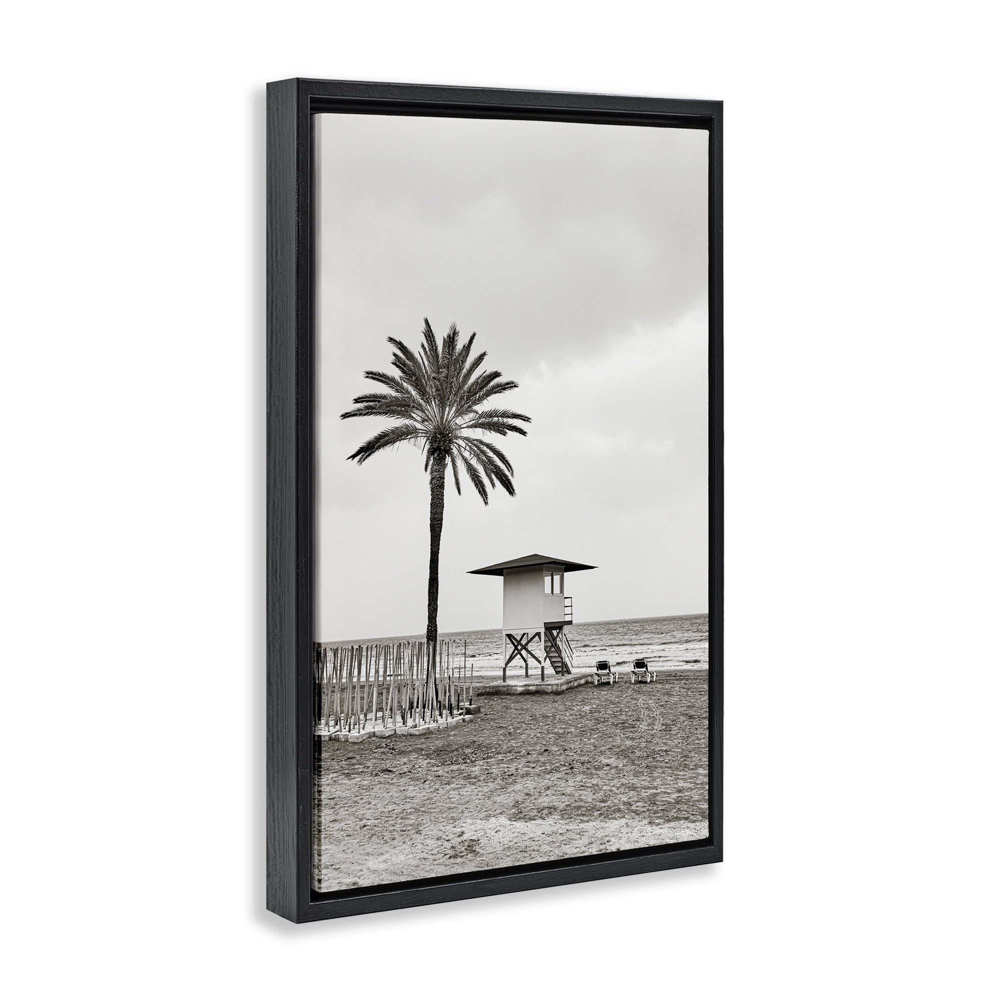 Stupell Industries Lifeguard Tower & Palm Landscape & Nature Photography Black Floater Framed Canvas Art Print Wall Art, 21 x 31
