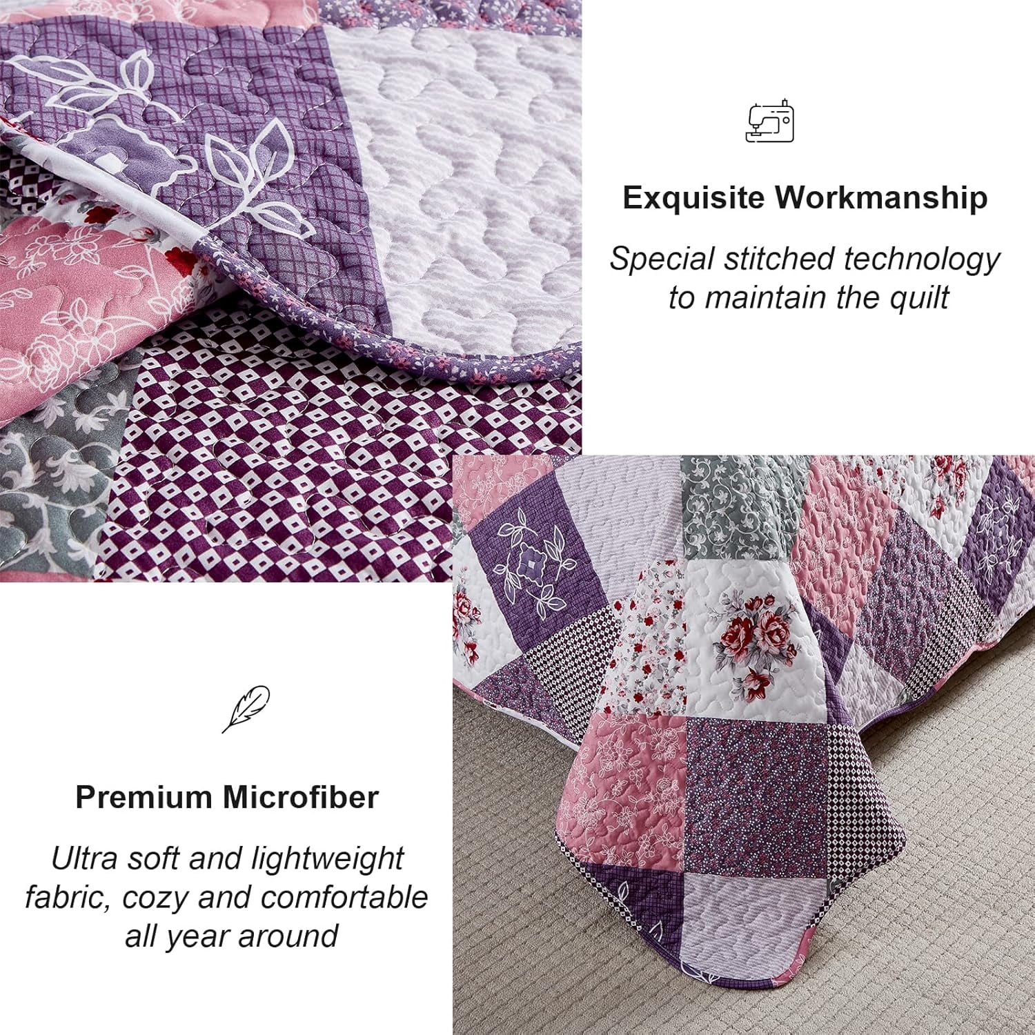 Purple Floral Plaid Quilt Set King Size Patchwork Pattern Bedding Set Bedspread Coverlet (104"x 90")