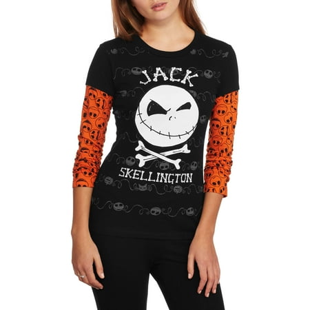 Junior Faces - Juniors' The Nightmare Before Christmas Jack Face Halloween Graphic Long Sleeve 2Fer Tee