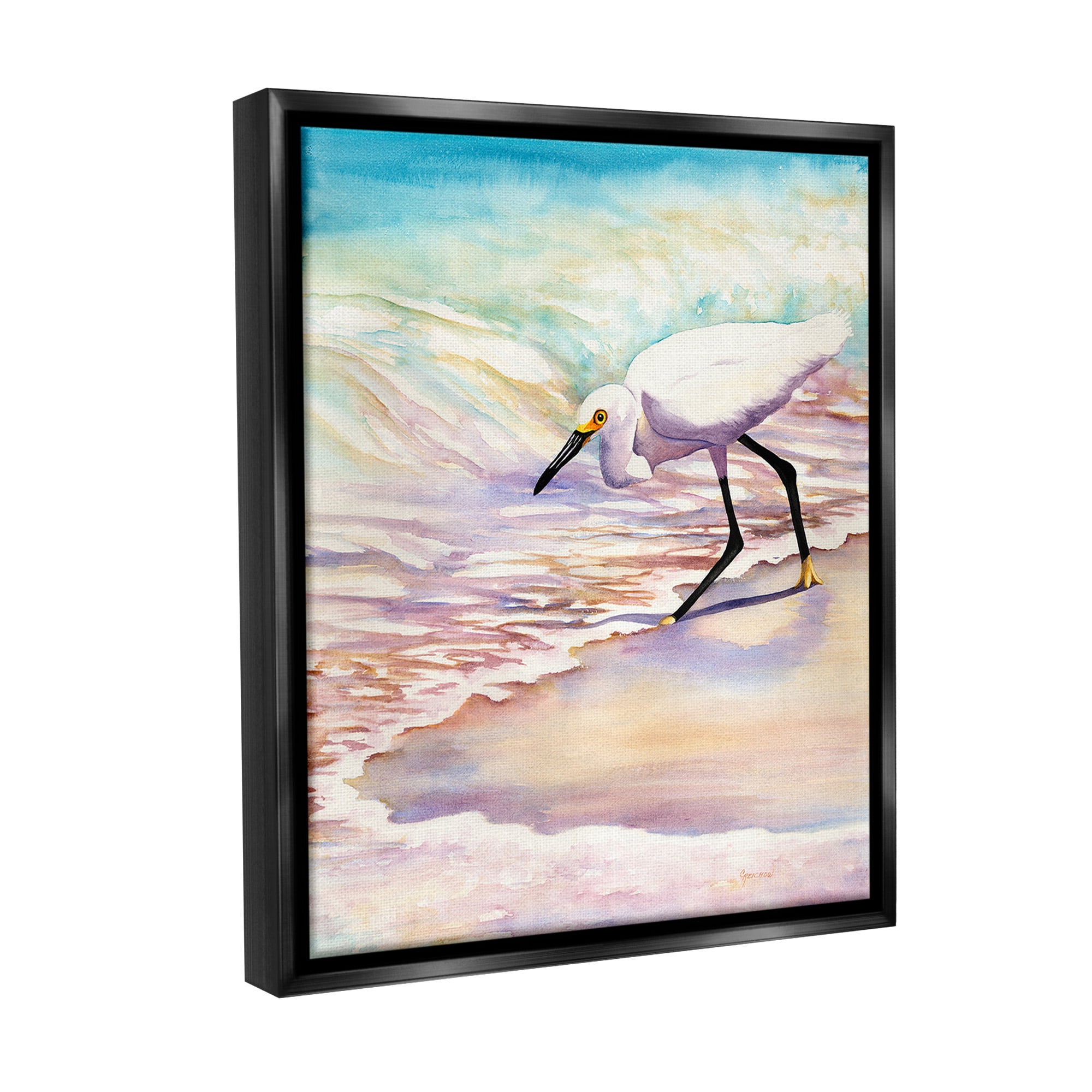 Stupell Industries Bird on Pastel Shore Animals & Insects Painting Black Floater Framed Canvas Art Print Wall Art, 25 x 31