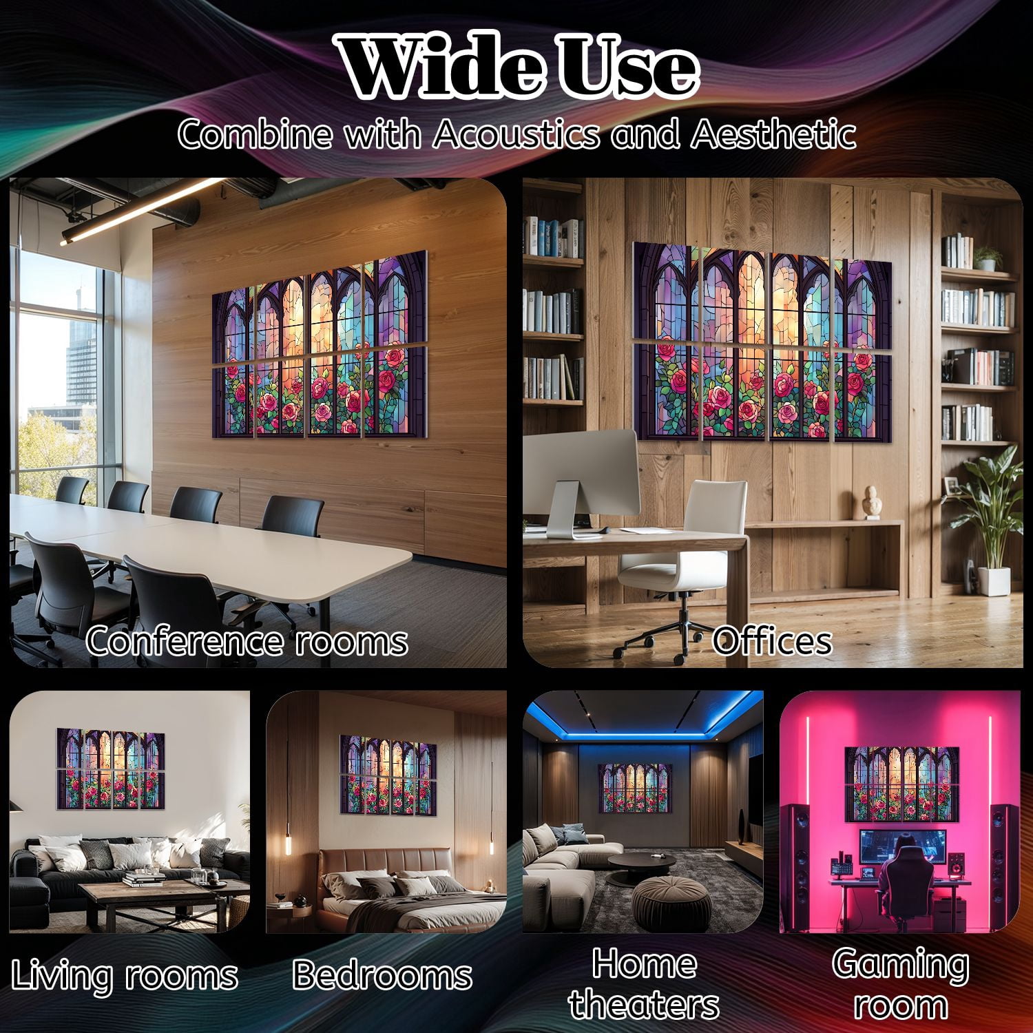 Stained Glass Style 8 Pack Art Acoustic Panels Sound Absorbing Window Pink Roses Vibrant Decorative Soundproof Wall Panels Self Adhesive for Nursery Game Room Bedroom 48"x32"