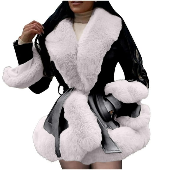XPMWRP Women's Faux Fur Collar Thicken Jacket Long Sleeve Solid Color Coats Oversized Winter Trendy Clothes with Belt and Pockets White XXXL
