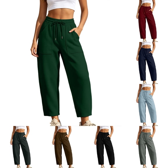 Hilzaten Womens Elastic Waist Sweatpants Pockets Loose Casual Drawstring Sport Outdoor Solid Color Baggy Straight Leg Sweatpants for Women