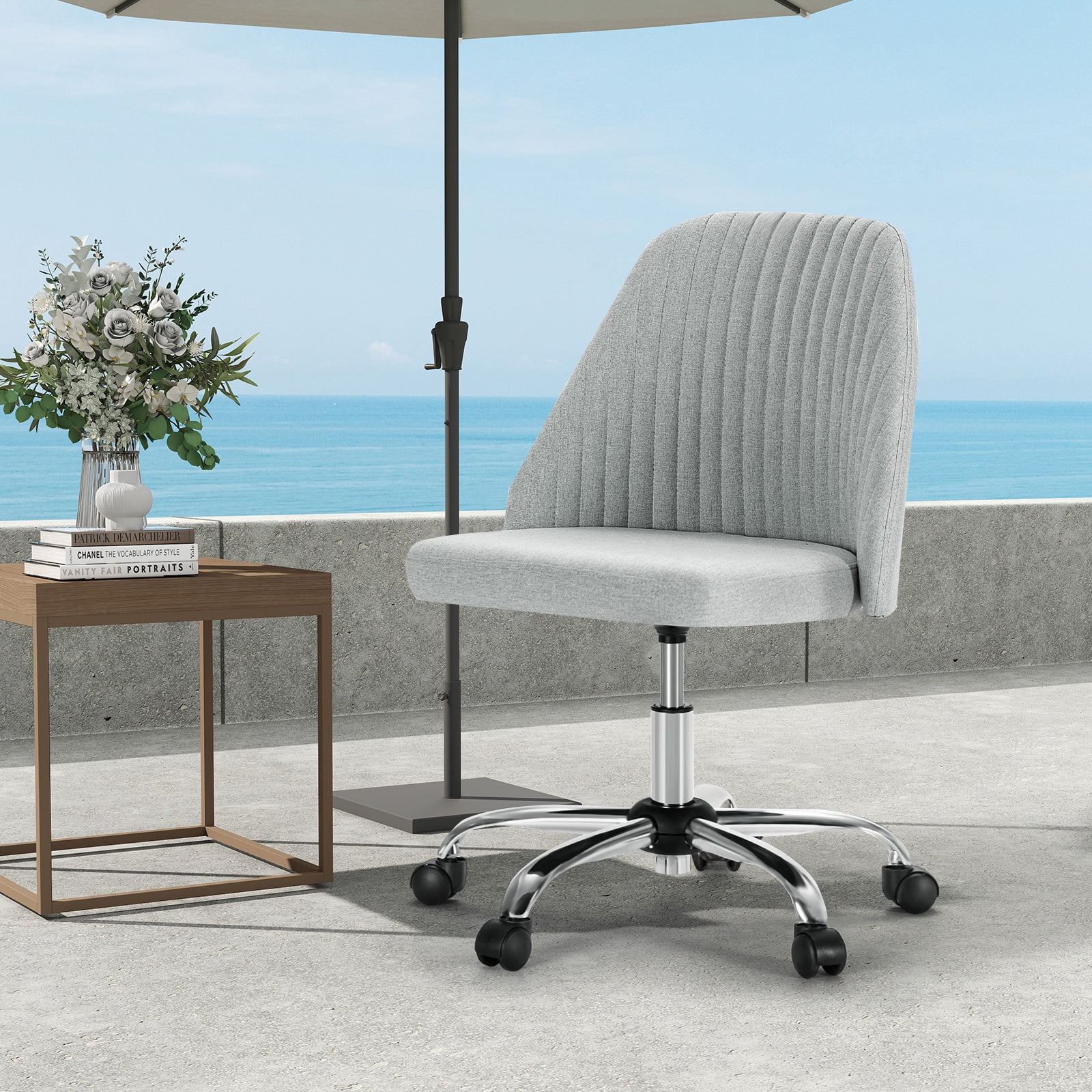 edx Vanity Chair, Armless Desk Chair with Wheels, Adjustable Swivel Fabric Makeup Chair, Comfortable Home Office Task Computer Chair, Gray