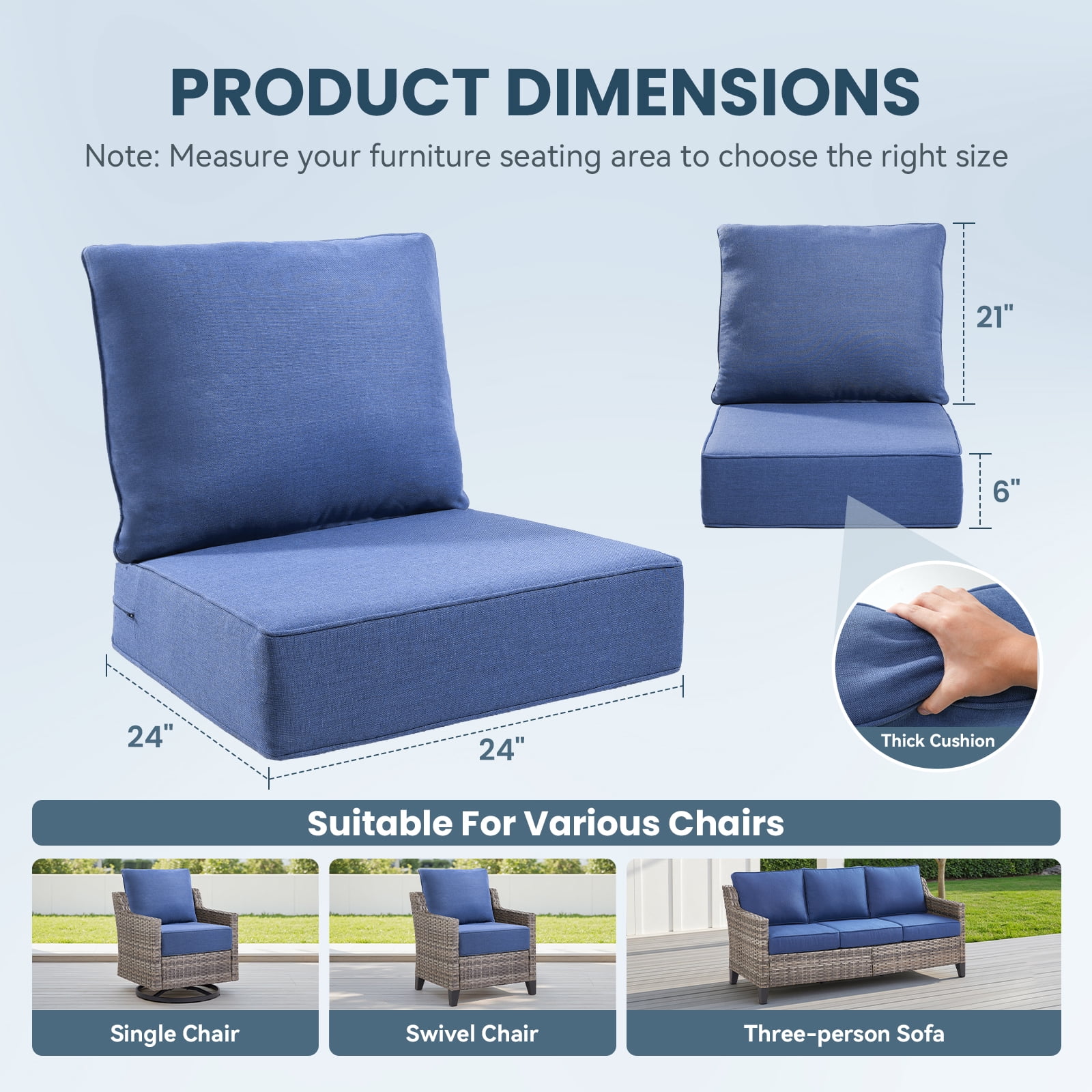 Gymojoy Outdoor Wicker Furniture Cushion Set, 24 x 24 x 6 Thicken Deep Seat Patio Chair Cushions, Navy Blue, 1 Set