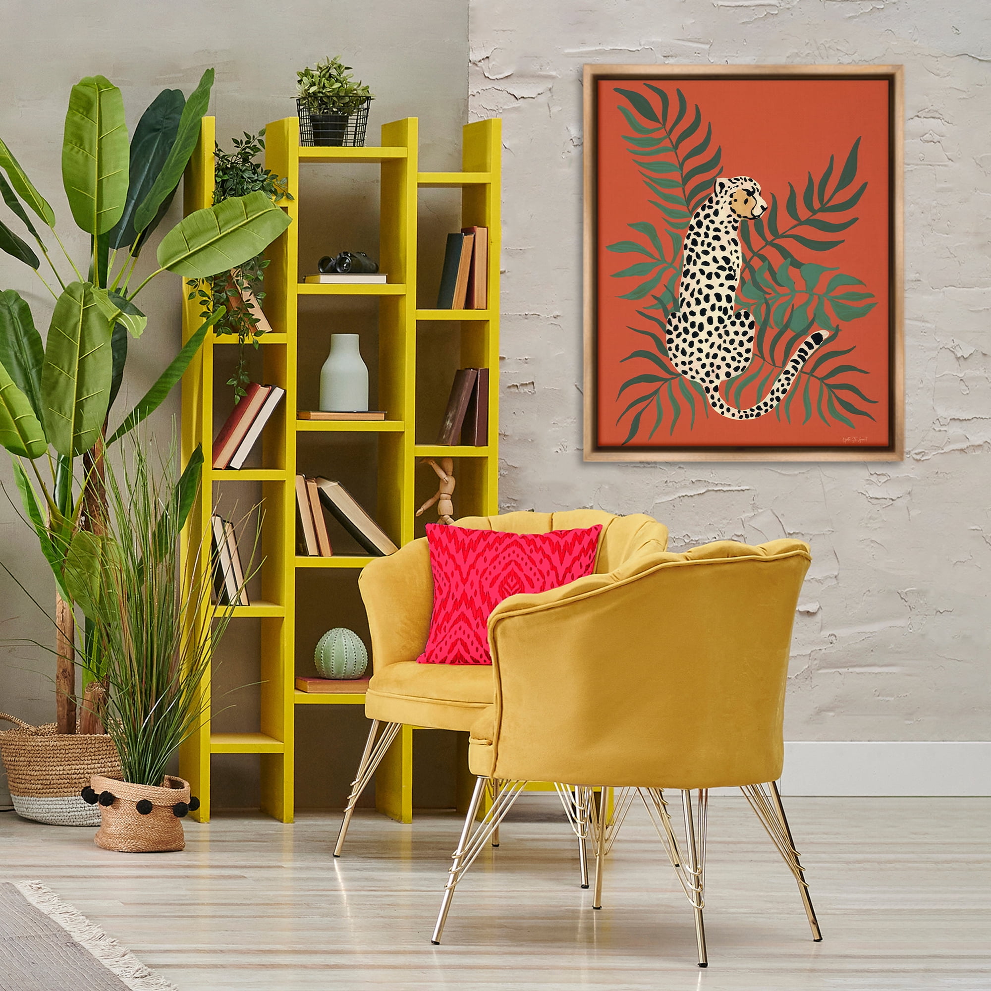 Stupell Industries Leopard & Palm Leaves Animals & Insects Painting Brown Floater Framed Canvas Art Print Wall Art, 25 x 31
