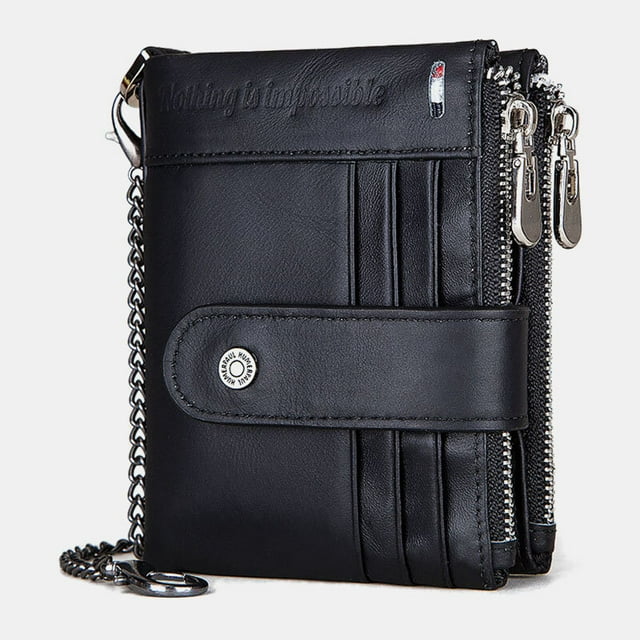 Ciaoed Men Genuine Leather Chain Wallet RFID Double ZIpper Anti-theft Multi-card Slot Card Holder Wallet - Black