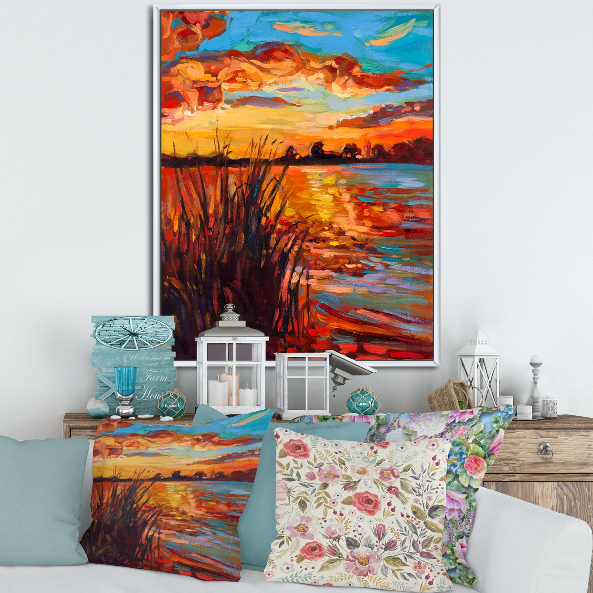 Designart 'The Lake At Sunset Evening Glow I' Nautical & Coastal Framed Canvas Wall Art Print