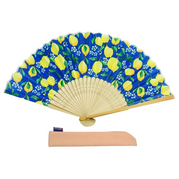 Hand Fan Fruits Design Lemon Foldable 9in 23cm with Bamboo Rib and Cotton Pouch 1 pack