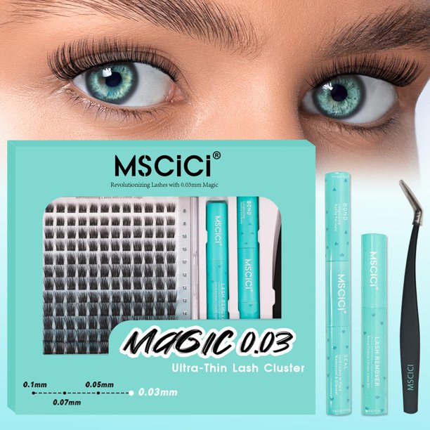 Kit de grupos de pestañas ultra suaves e impermeables: banda de pestañas transparente invisible, pegamento negro para pestañas sin látex para ojos sensibles, pestañas híbridas esponjosas clásicas (efe
