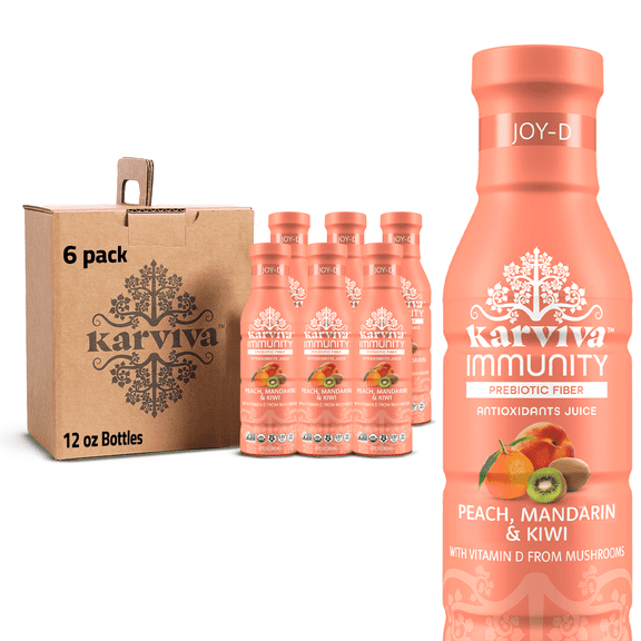 Karviva Organic Immunity Juice, Low-Sugar, Low-Calories, High Vitamin C & D, Peach Kiwi Mandarin Orange, 12 fl oz, 6 Pack