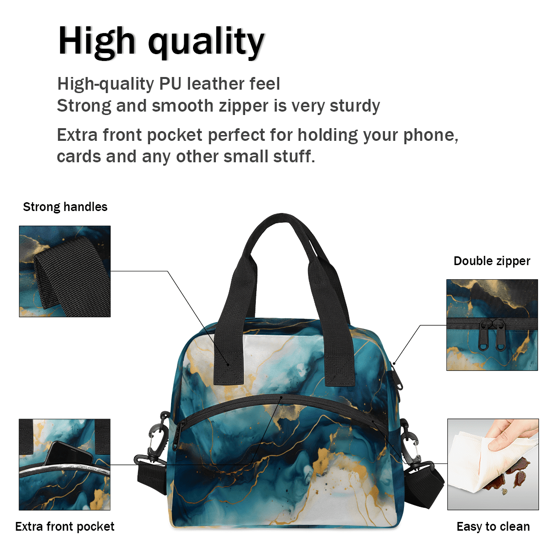 Herdesigns Dark Blue Marble Insulated Lunch Bag for Women Men Adults Large Reusable Lunch Box Leakproof Portable Cooler Tote Bags with Adjustable Shoulder Strap
