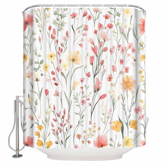 Shower Curtain Bathroom Set Spring Blooming Floral Leaves Waterproof Fabric Shower Curtains with Grommets&Hooks Watercolor Flower on White Privacy Bath Curtain for Bathtub 36x72in