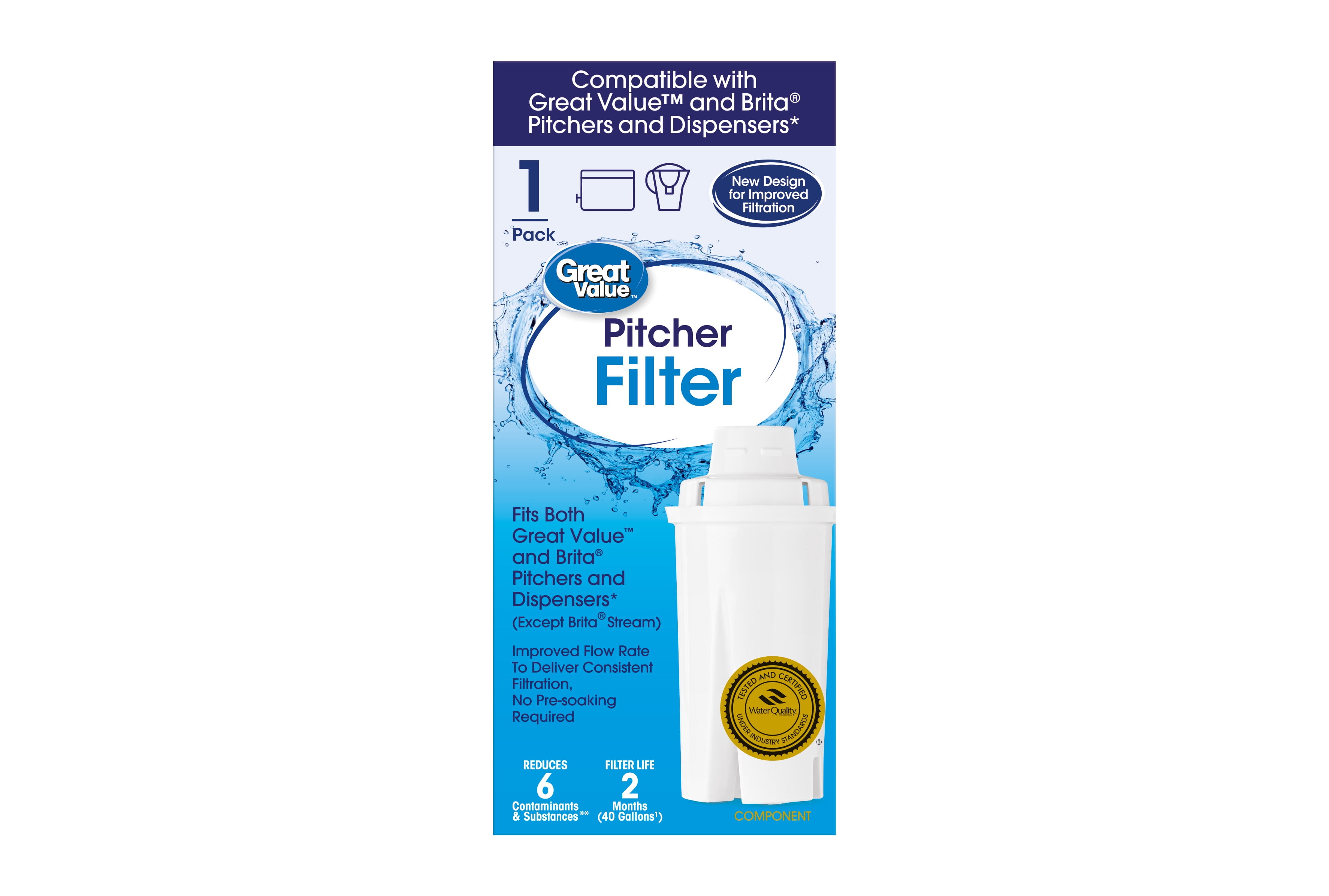 (4 pack) Great Value Water Filter, Fits Great Value & Brita Pitchers, Replacement Filter 1 Count