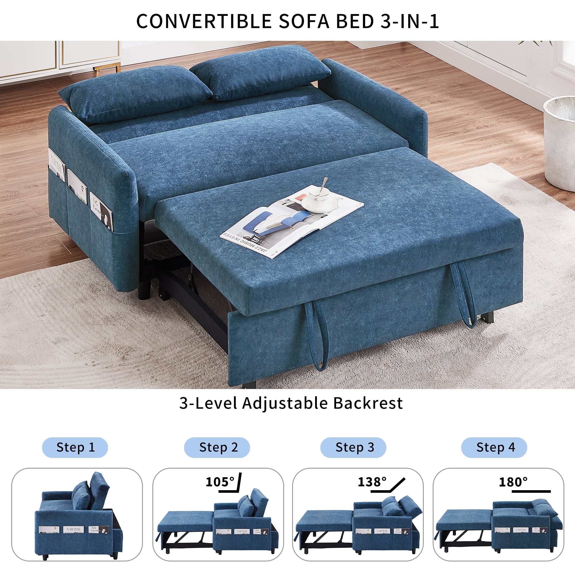 Harper & Bright Designs 55.1" Pull Out Sleep Sofa Bed Loveseats Sofa Couch with Adjsutable Backrest, Storage Pockets, 2 Soft Pillows for Living Room, Bedroom, Apartment, Office, Blue