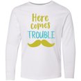thumbnail image 3 of Inktastic Here Comes Trouble, Mustache - Blue Green Long Sleeve Youth T-Shirt, 3 of 5