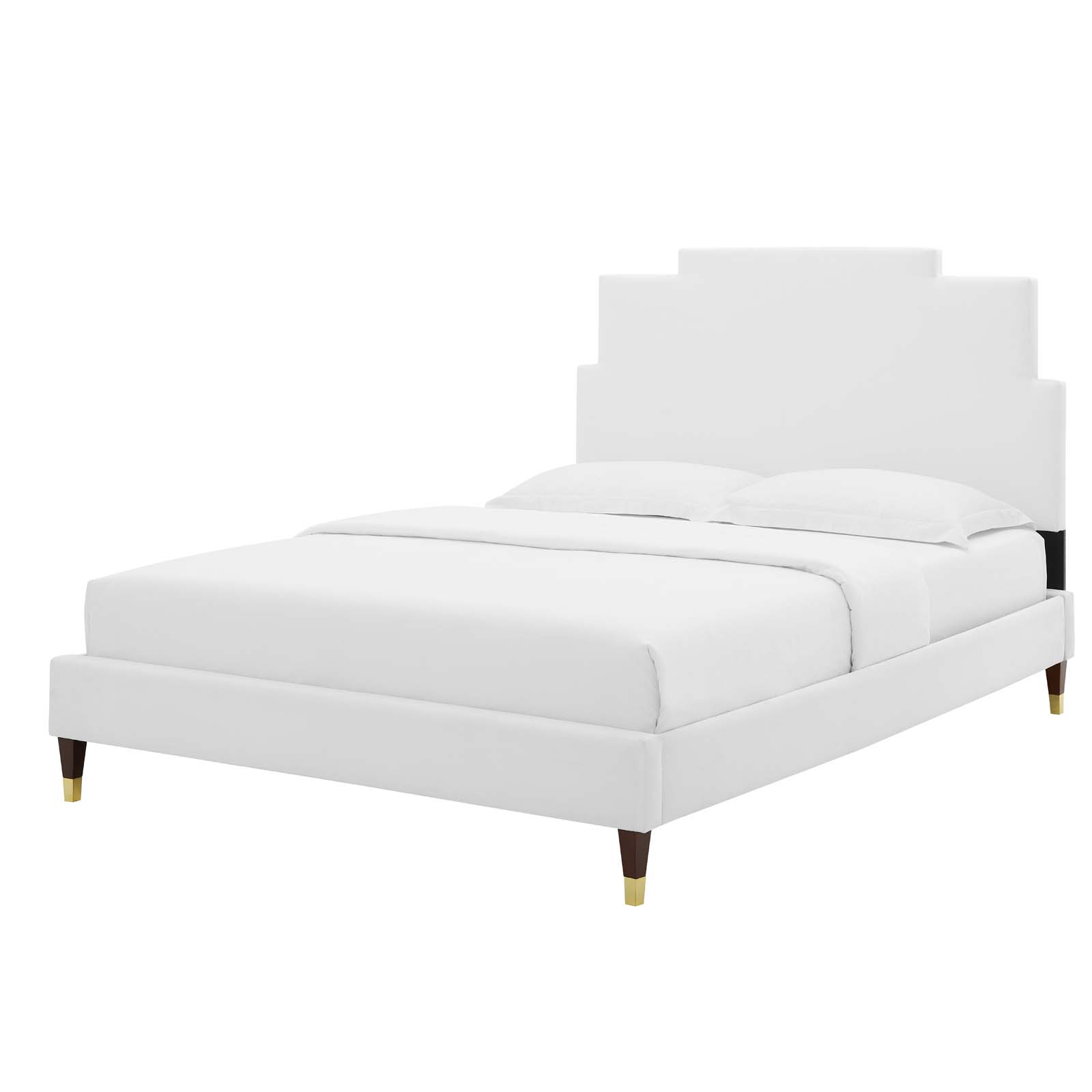 Platform Bed Frame, Queen Size, Velvet, White, Modern Contemporary