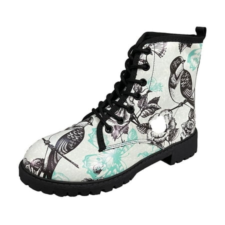 

jsaierl Women Boots Retro Flat Bottom Shoes Floral Print Boots Plus Size Lace Up Boots