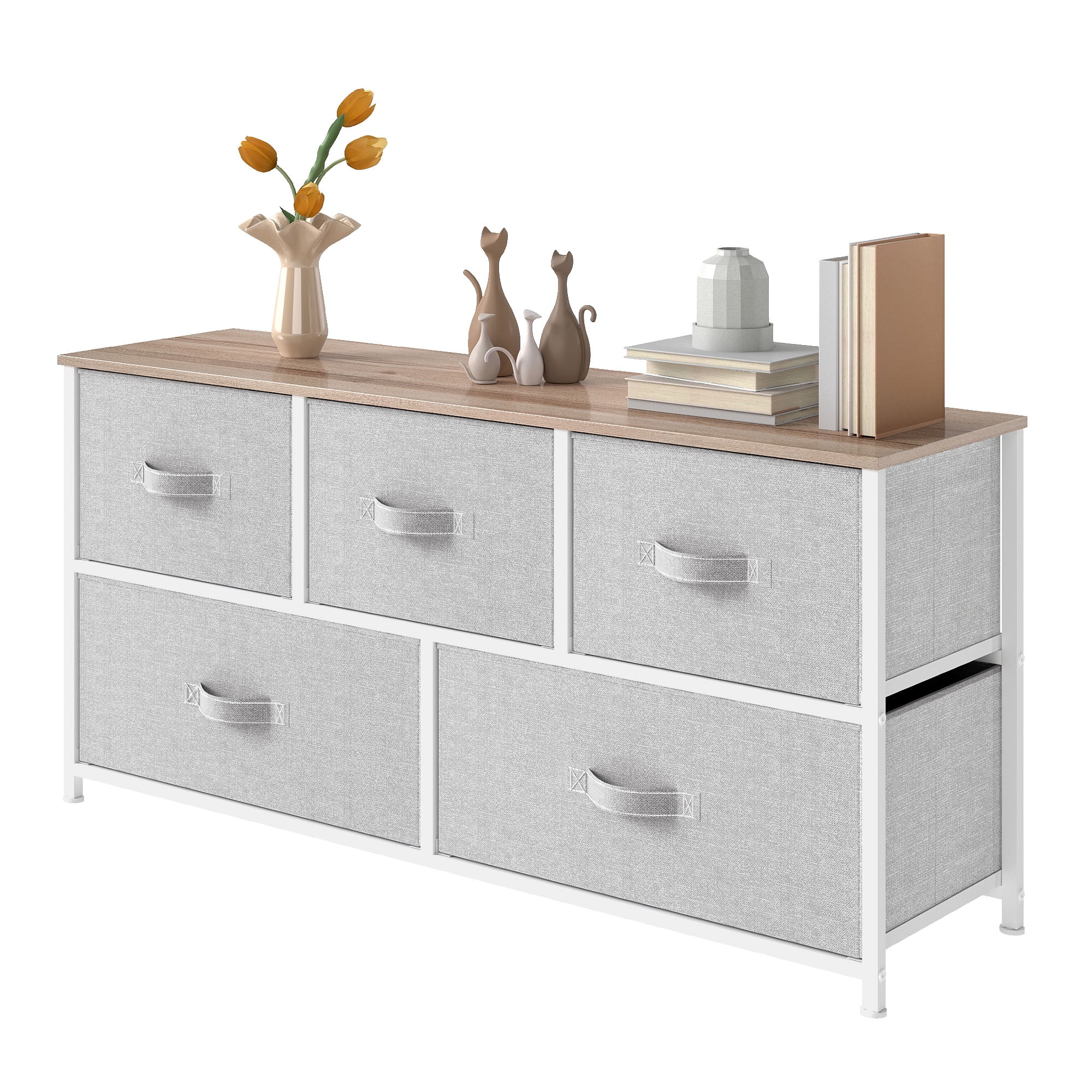Uforic Fabric Dresser TV Stand with 5 Drawers, Wide Storage Tower Chest for and Closet Light Grey