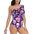 thumbnail image 3 of Sikiie Skull mushroom colorful cute Print Women One Piece Swimsuits Tummy Control One Shoulder Bathing Suits Ruffle Swimwear, From S to XXL-Medium, 3 of 6