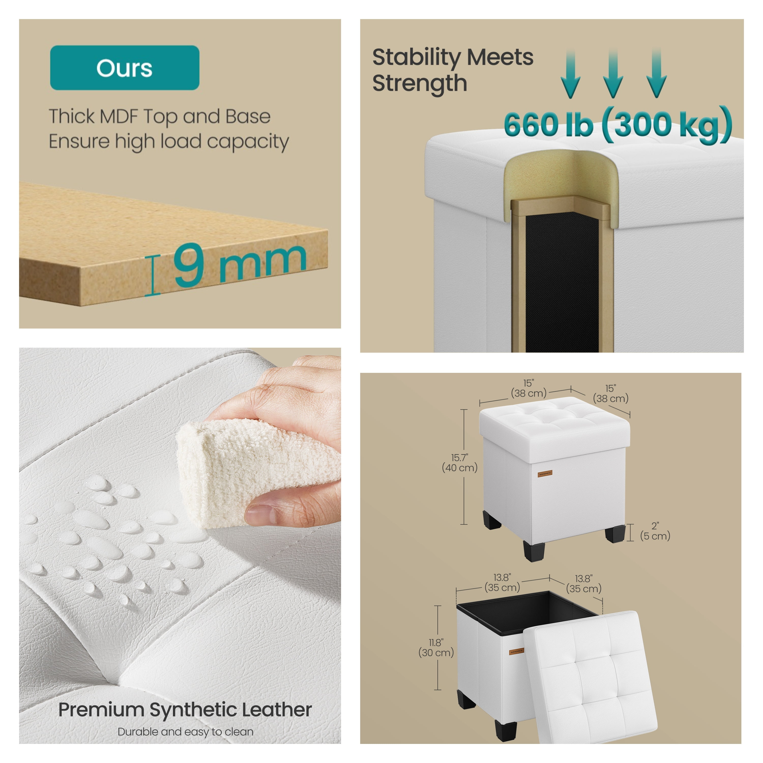 LEDREM 15-Inch Cube Storage Ottoman, 660 lb Capacity Foldable Footrest with 10 Gallon Storage, Synthetic Leather, Cloud White