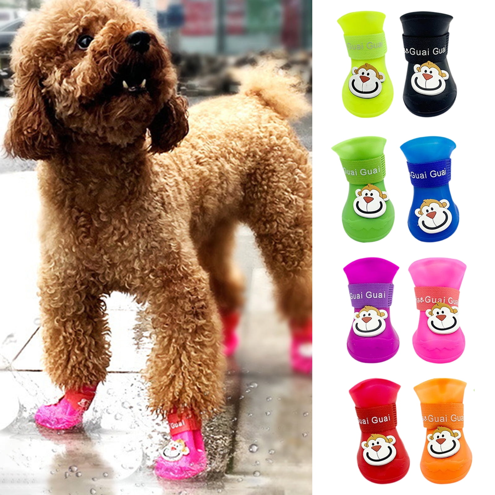 Trayknick 4Pcs Pet Rain Boots Monkey Print Waterproof Lightweight Cartoon Pattern Fastener Tape Dog Shoes for Outdoor Orange XL Walmart
