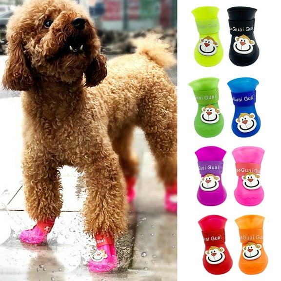 Set of 4, Waterproof Dog Boots, Dog Rain Boots, Dog Outdoor Shoes for Medium to Large Dogs with Monkey Print Fastening Straps and Rugged Anti-Slip Sole
