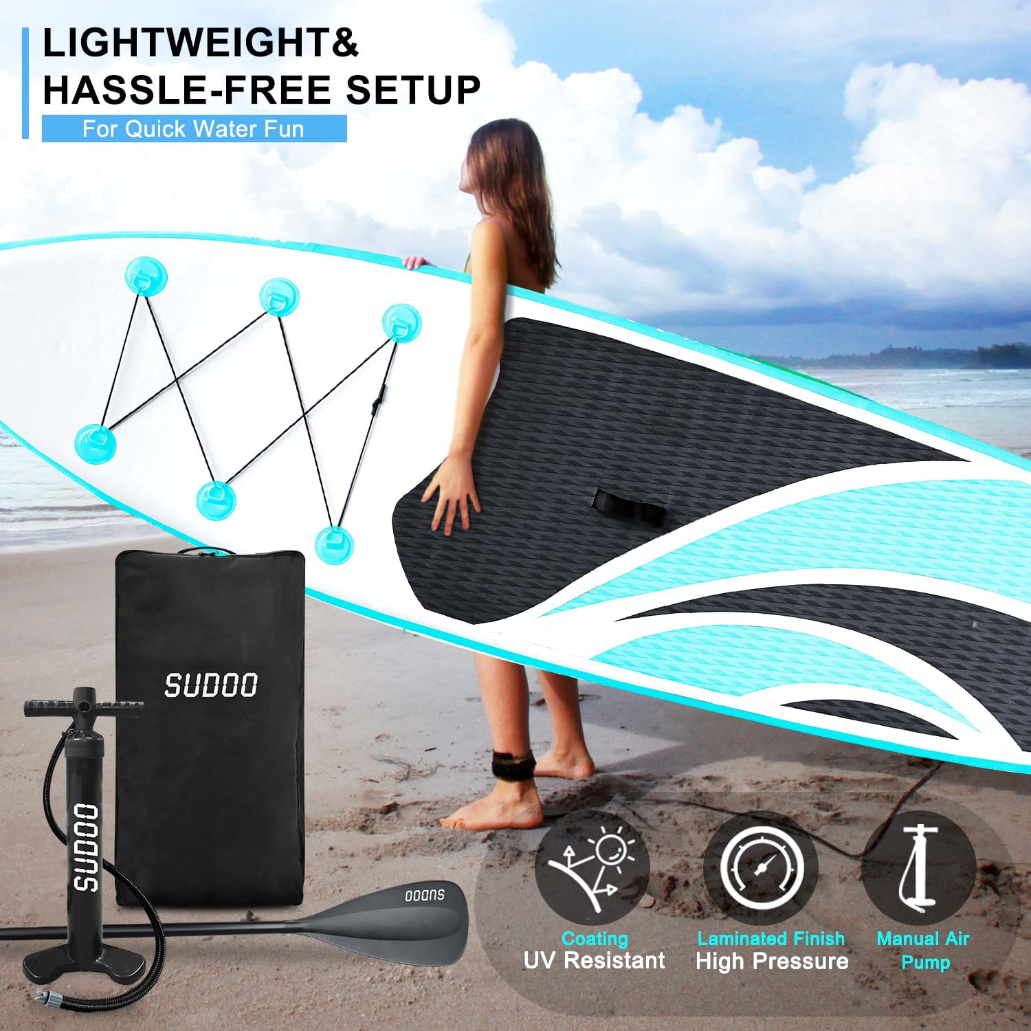 SUDOO Inflatable Stand Up Paddle Board 10‘x30‘‘, Ultra-Light SUP Board with Backpack, Pump, Paddle, Coil Leash, 3 Fins, Repair Kit, Stable SUP with Non-Slip EVA Deck for Adults & Youth