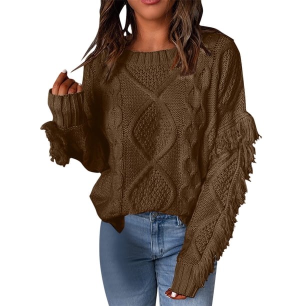 Gibobby Suéter de Cuello Redondo para Mujer, Suéter de Manga Larga algodón con Cuello Redondo Suéter para Mujer(Marrón,M)