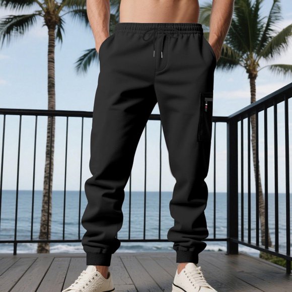 Fankiway Men's Fashion Casual Cargo Pockets Elastic Waist Full Length Comfort Pants Trousers Black L