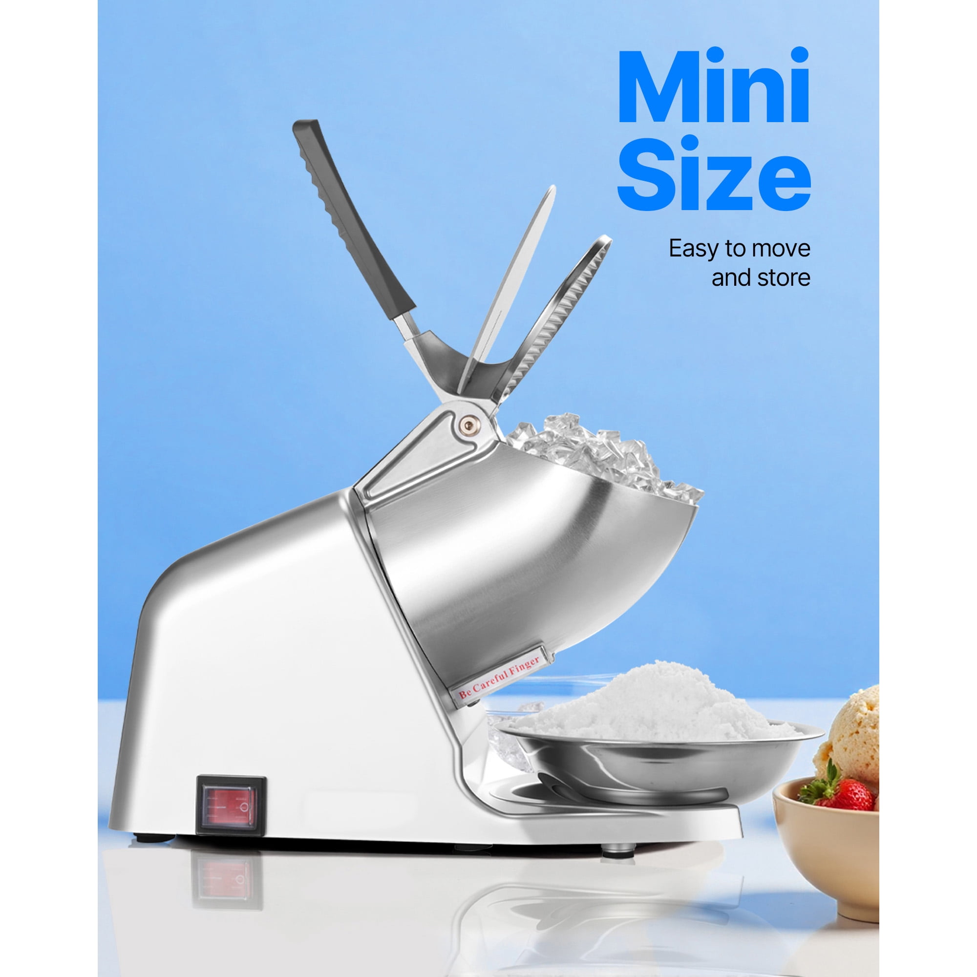 KFFKFF Electric Ice Crusher Machine, 143lbs/hr Dual-Blade Snow Cone Maker, Stainless Steel Shaved Ice Machine with Bowl and Cover, 300W 2000RPM for Home and Commercial Use, Silver