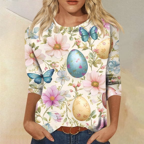 HAVUITYY Women's Easter 3/4 Sleeve Sweater, Cute Bunny Eggs Pattern Crew Neck Pullover, Spring Oversized Casual Going Out Tops