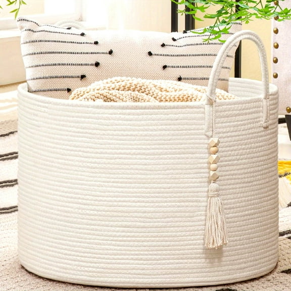 Nested Storage Basket 1pc - Large Laundry Basket Decorative White Basket for Blankets, Toy Storage Basket for, Living Room, Bedroom, Big Rope Hamper 20 x 13 Inches, White