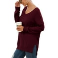 thumbnail image 3 of JWD Women's V-Neck Long Sleeve Side Split Loose Casual Knit Pullover Sweater Blouse Wine Red-Large, 3 of 5