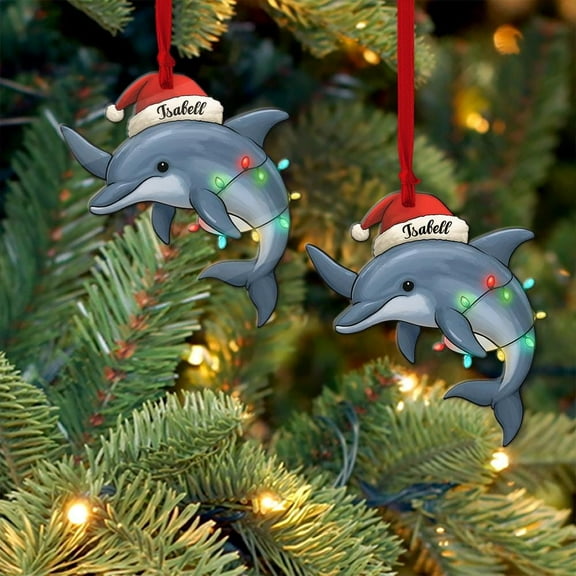Personalized Dolphin Acrylic Christmas Ornament Custom Name, Santa Hat & Lights, Ocean/Beach Holiday Tree Decor, Sea Lover Keepsake