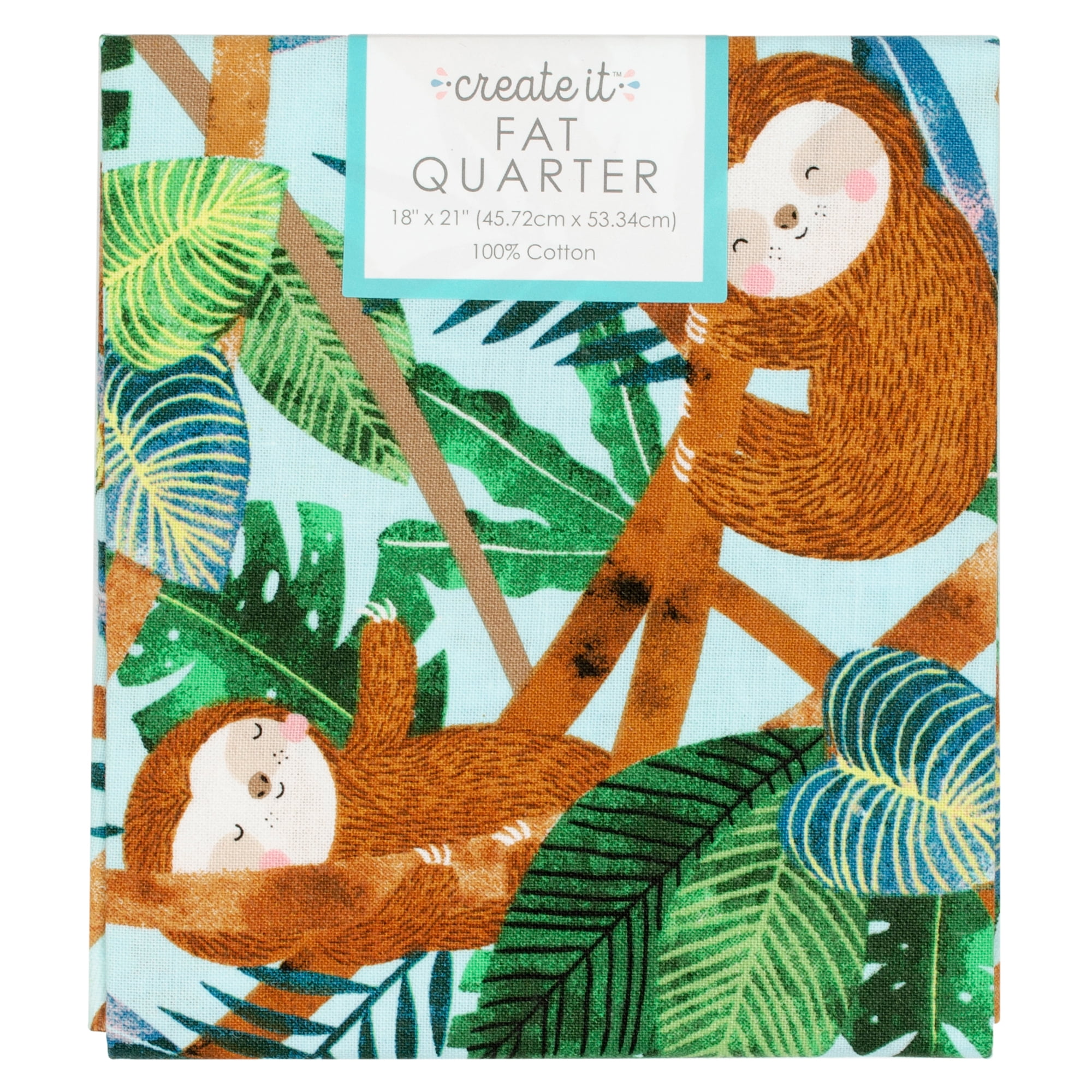 Create It 18"x21" Cotton Sloths Precut Sewing & Craft Fabric, Teal 10 Pieces