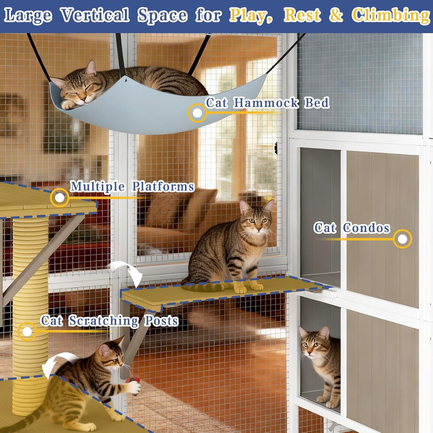 Large Outdoor Catio Cat Enclosure, Walk-in Wooden Cat House with 4-Level Play Platforms, Removable Roof Cover & Window Connection, 75"L